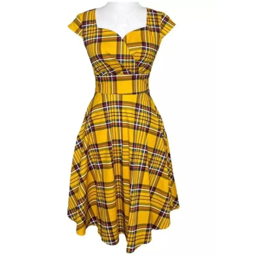 Hanpceirs Cap Sleeve 1950s Retro Vintage Style swing Gold Plaid Dress size XS